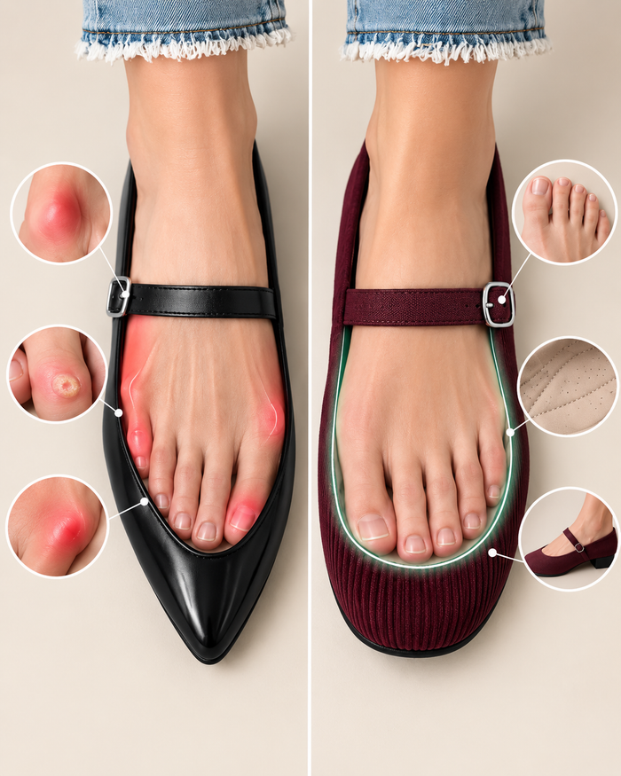 Comparaison d'une chaussure trop étroite qui aggrave les pieds larges, et d'une ballerine Orthélie à l'avant-pied large et confortable