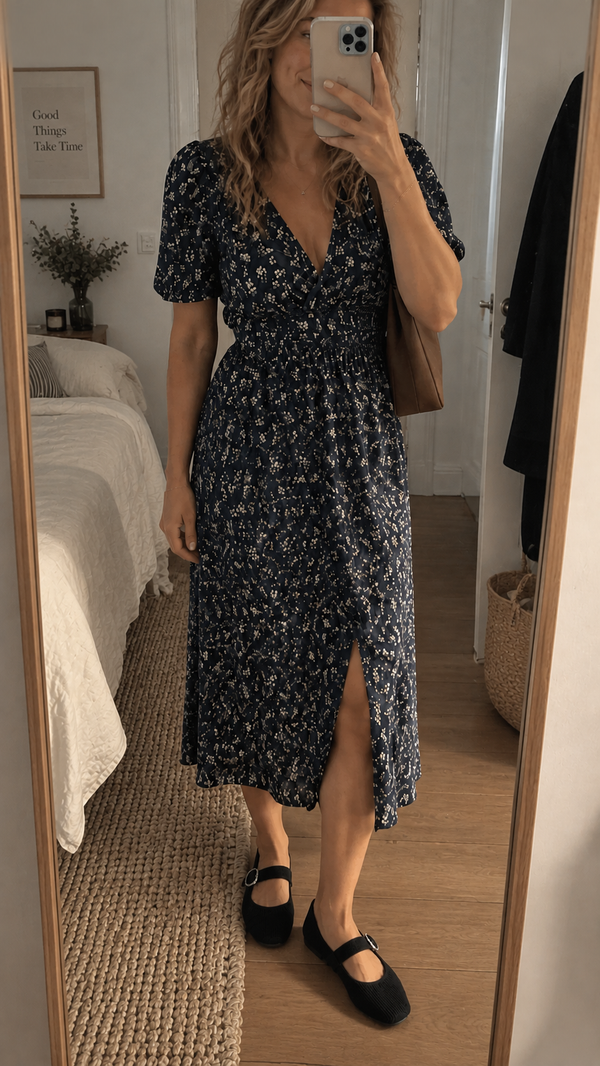 Cliente en ballerines Orthélie noires, robe fleurie, selfie miroir