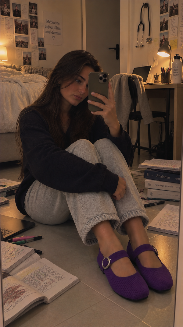 Cliente étudiante en ballerines Orthélie violettes, révisions